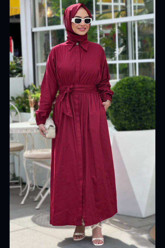 Mahza 101 Pamuk Kumaş 138 cm Maxi Elbise Bordo - 1