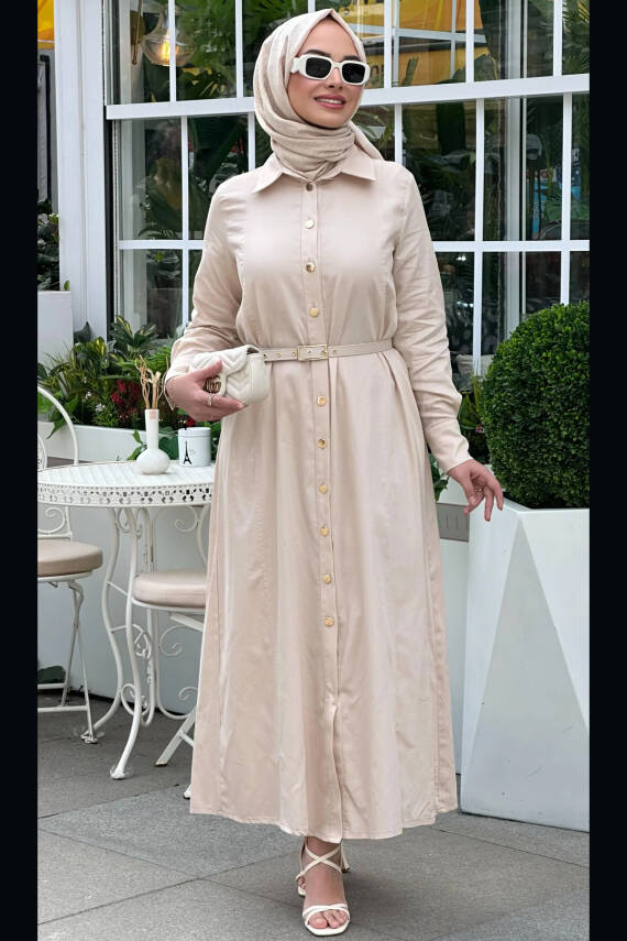 Mahza 103 Gold Düğmeli 138 cm Pamuk Kumaş Elbise Bej - 1