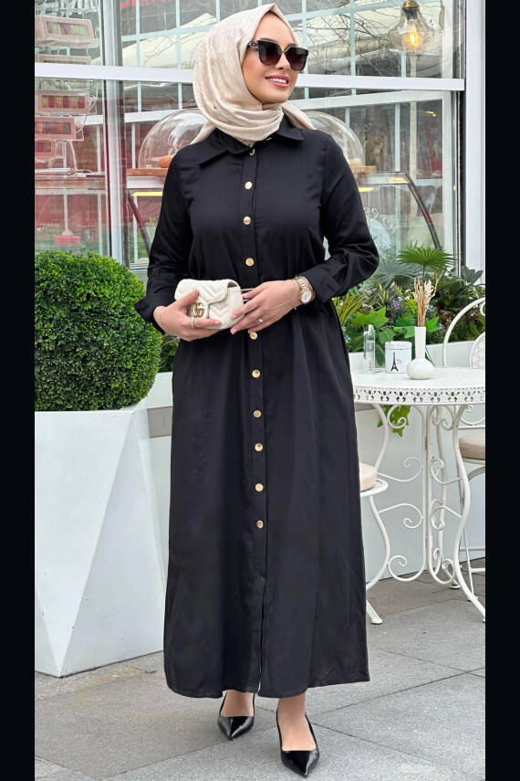 Mahza 103 Gold Düğmeli 138 cm Pamuk Kumaş Elbise Siyah - 1