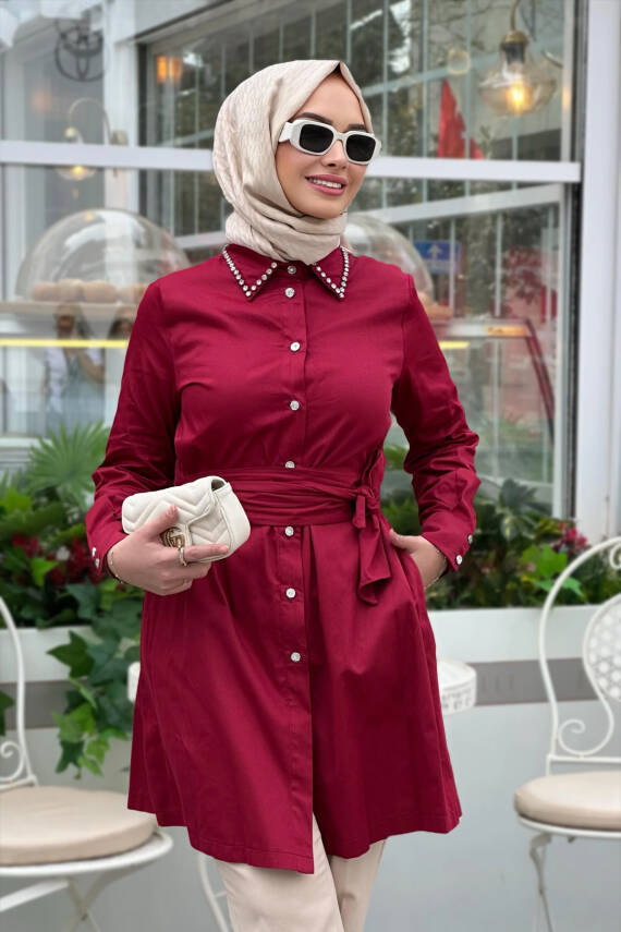 Mahza 104 Yakası Taşlı Rahat Kalıp Tunik Bordo - 1