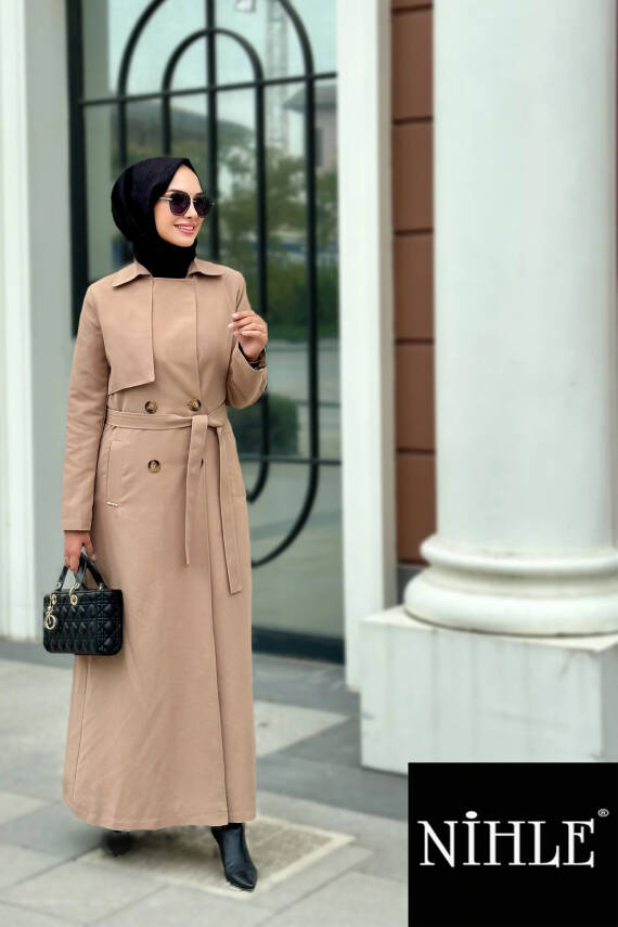 Mahza 4547 135 cm Trençkot Tesettür Pardesü Camel - 1