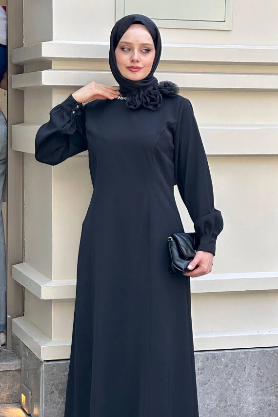 Mahza 5215 Yakası Taş Detaylı Çıkarılabilir Gül Broşlu Abiye Elbise Siyah - 1