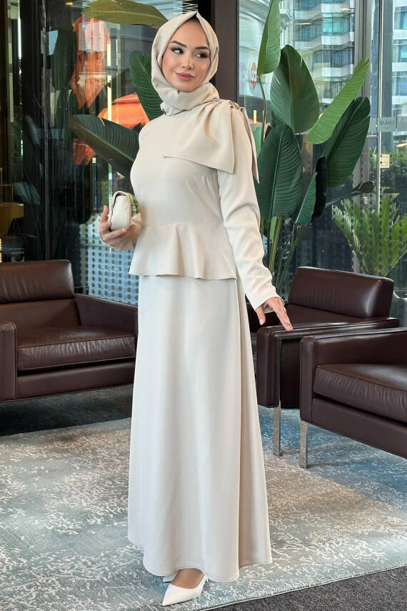 Mahza 5216 Omuzu Taşlı Abiye Elbise Bej - 1