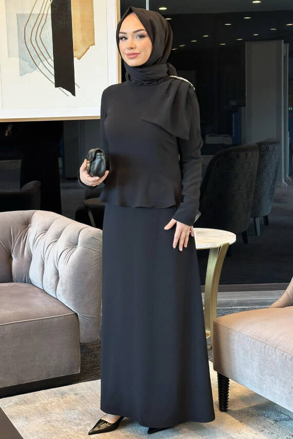Mahza 5216 Omuzu Taşlı Abiye Elbise Siyah - 1