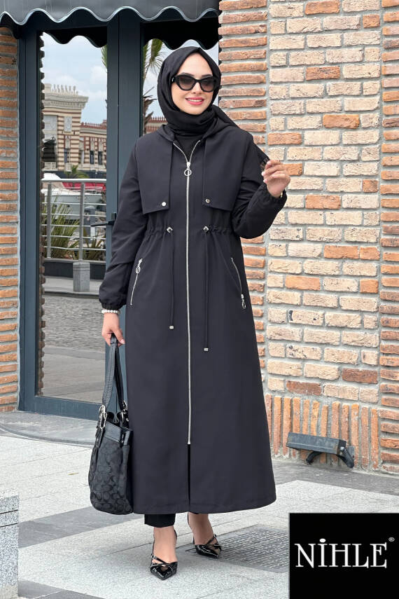 Mahza 7614 Kapüşonlu 130 cm Spor Trençkot Kap Siyah - 1