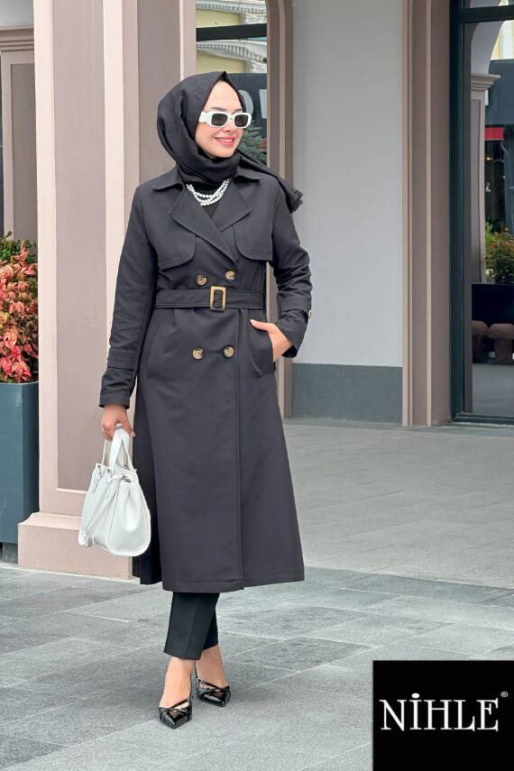 Mahza 7615 Astarlı Mevsimlik Trençkot Siyah - 1