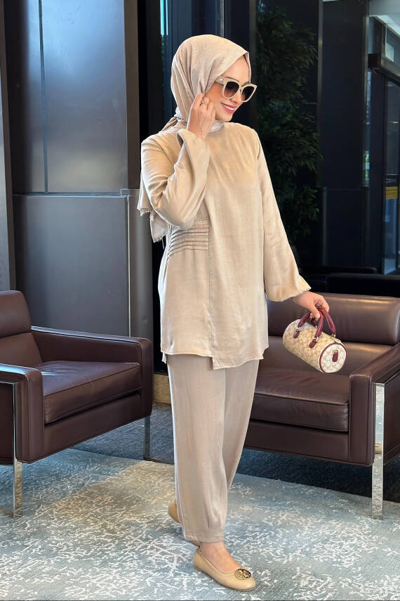 Mahza 8186 Qupra Kumaş Pantolon Takım Bej - 1