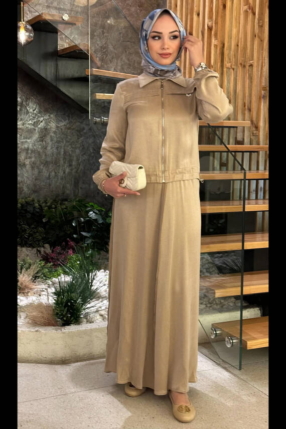 Mahza 8187 Qupra Kumaş Etek Takım Bej - 1