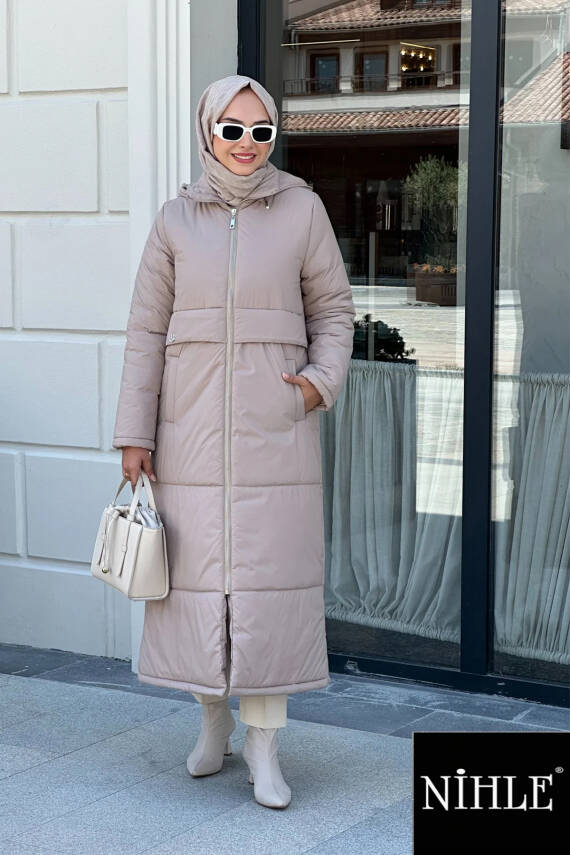 Mahza 7619 Kapitone Kumaş Kapüşonlu 120 cm Kap Bej - 1