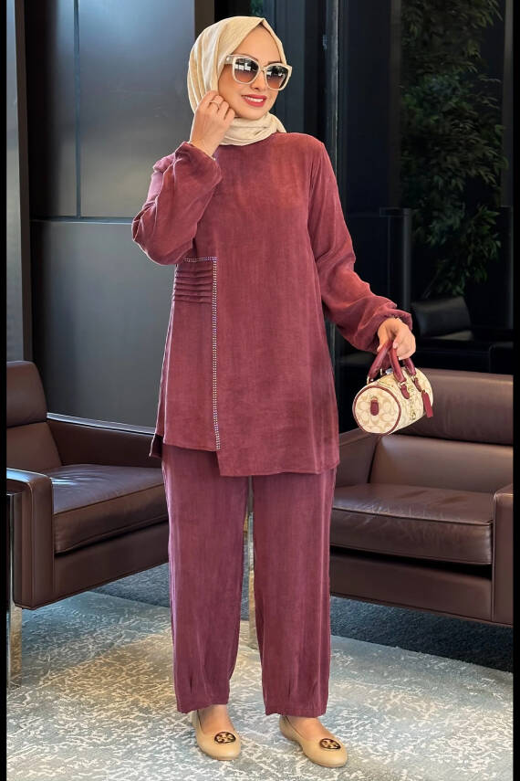 Mahza 8186 Qupra Kumaş Pantolon Takım Bordo - 1