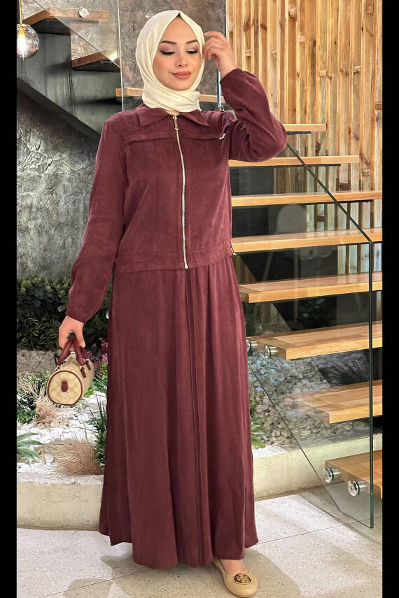 Mahza 8187 Qupra Kumaş Etek Takım Bordo - 1