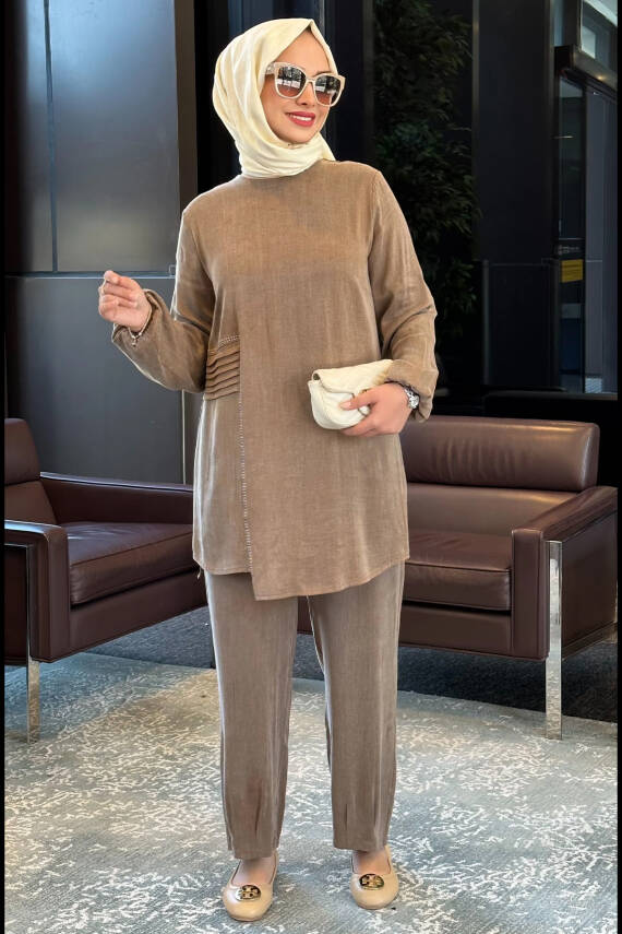 Mahza 8186 Qupra Kumaş Pantolon Takım Kahve - 1