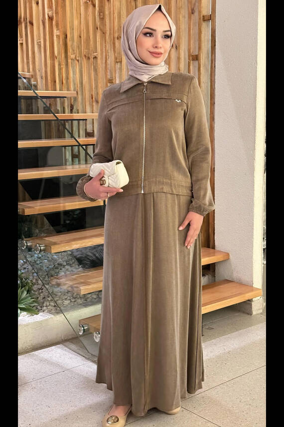 Mahza 8187 Qupra Kumaş Etek Takım Kahve - 1