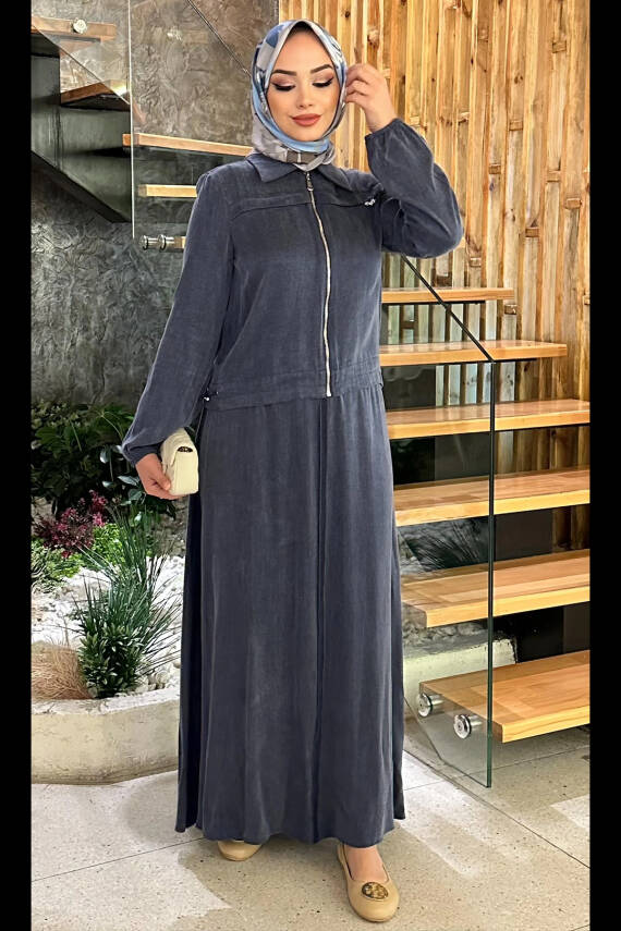 Mahza 8187 Qupra Kumaş Etek Takım Lacivert - 1