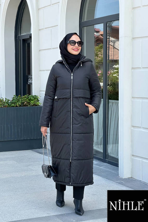 Mahza 7619 Kapitone Kumaş Kapüşonlu 120 cm Kap Siyah - 1