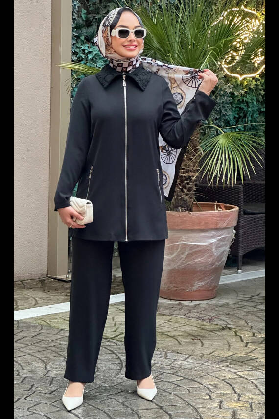 Mahza 8164 Yaka Dantel Detaylı Pantolon Takım Siyah - 1