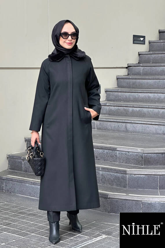 Mahza 7621 Yakası Kürklü 130 cm Büyük Beden Kaşe Kaban Siyah - 1