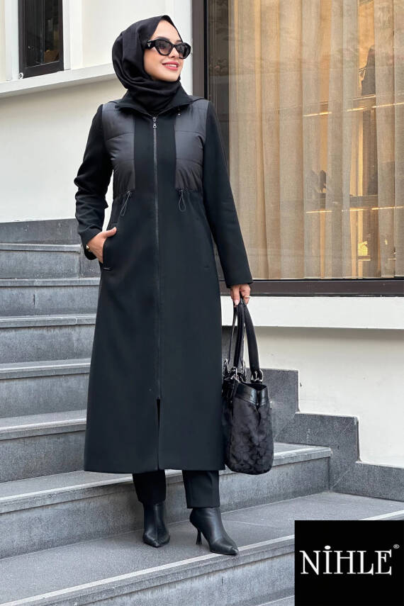 Mahza 7629 Kaşe Kumaş 130 cm Astarlı Kaban Siyah - 1