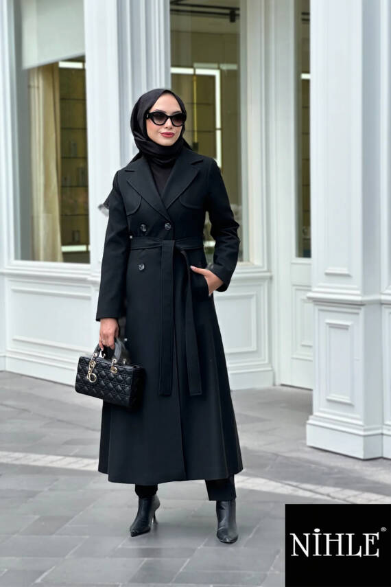 Mahza 7630 Kaşe Kumaş 130 cm Astarlı Kaşe Kaban Siyah - 1