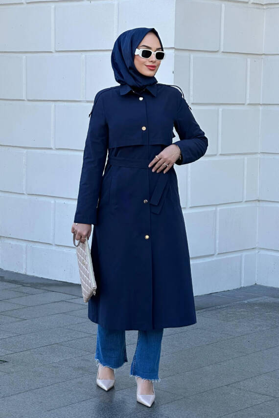 Mahza 7634 Astarsız 120 cm Trençkot Lacivert - 1