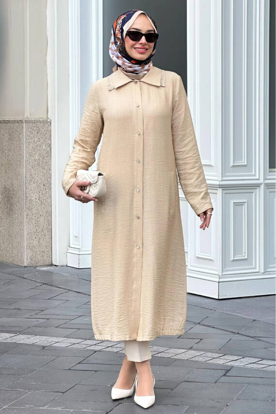 Mahza 7637 Yakası Taşlı 120 cm Astarsız Giy Çık Kap Bej - 1