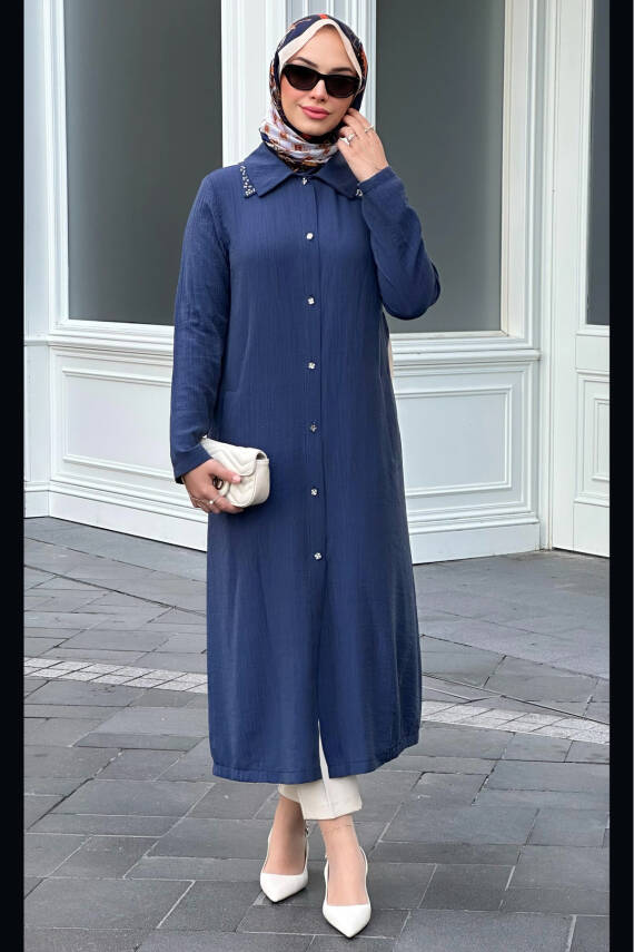 Mahza 7637 Yakası Taşlı 120 cm Astarsız Giy Çık Kap Lacivert - 1