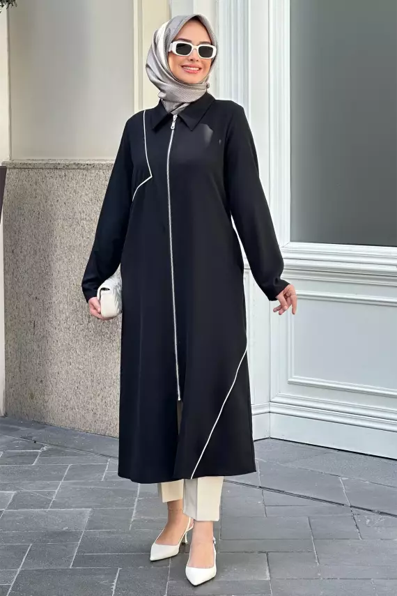 Mahza 7644 İpeksi Kumaş 120 cm Astarsız Giy Çık İlkbahar / Yaz Sezonu Kap Siyah - 1