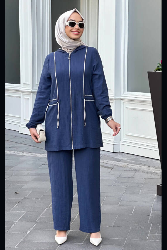 Mahza 8163 Kapüşonlu Belden Bağcıklı Pantolonlu Takım Lacivert - 1