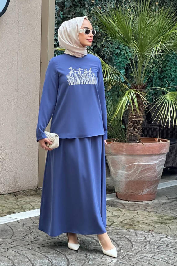 Mahza 8166 Baskı Detaylı Etek Takım Indigo - 1