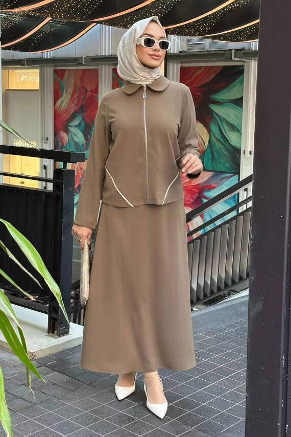 Mahza 8167 Bebe Yaka Şık Etek Takım Haki - 1