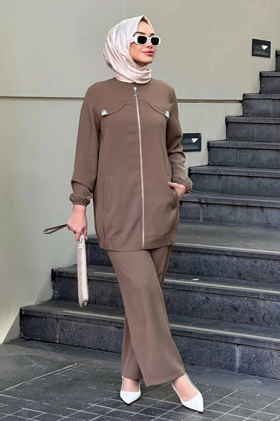 Mahza 8170 Yakası Taşlı Bomber Ceket Pantolon Takım Camel - 1