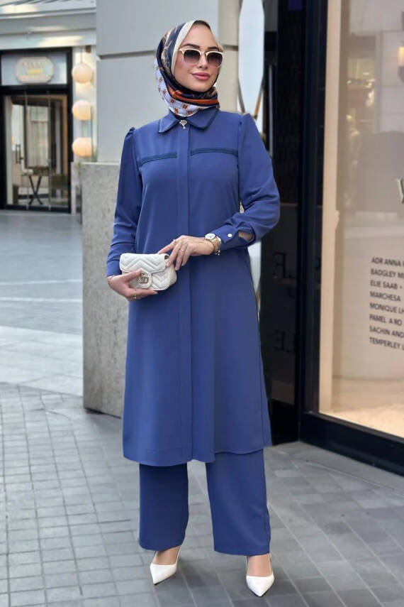 Mahza 8171 110 cm Tunikli Pantolon Takım Indigo - 1
