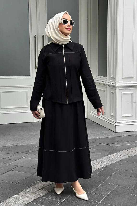 Mahza 8174 Modal Kumaş Etek Takım Siyah - 1
