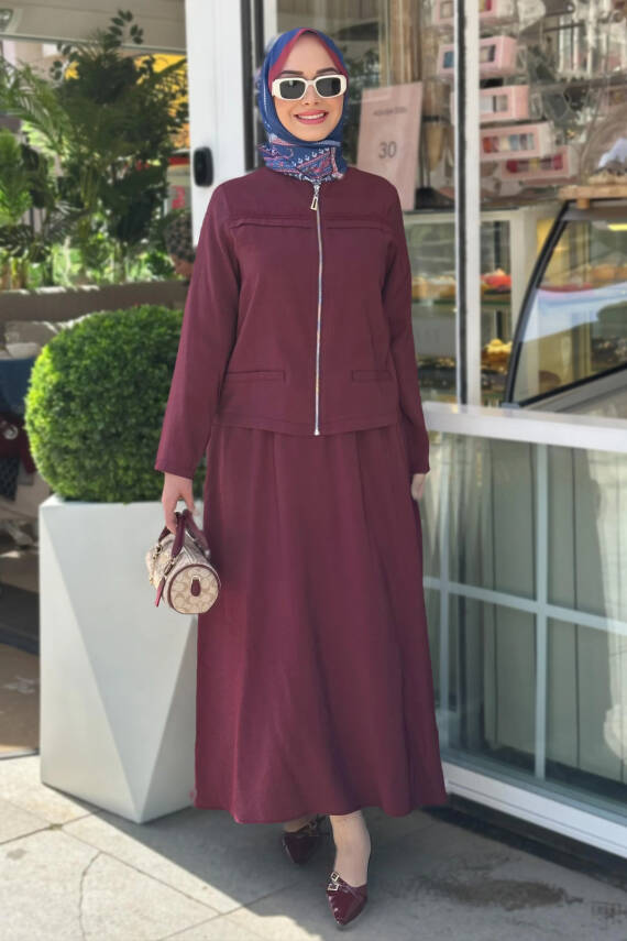 Mahza 8175 Modal Kumaş Dantel Detaylı Etek Takım Bordo - 1