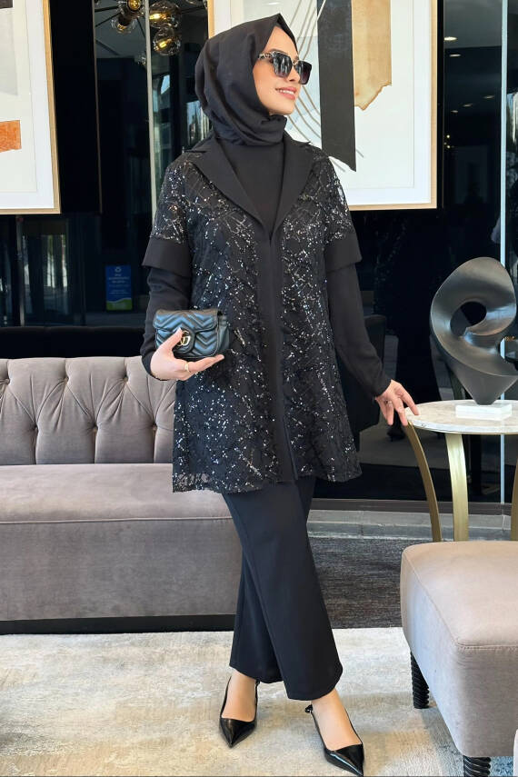 Mahza 8181 Şık Payetli Yelek Pantolon Takım Siyah - 1