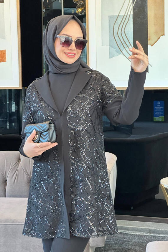 Mahza 8181 Şık Payetli Yelek Pantolon Takım Siyah - 2