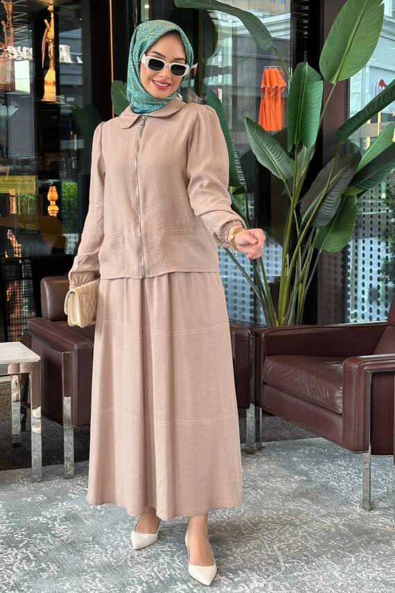 Mahza 8183 Modal Kumaş Etek Takım Vizon - 1