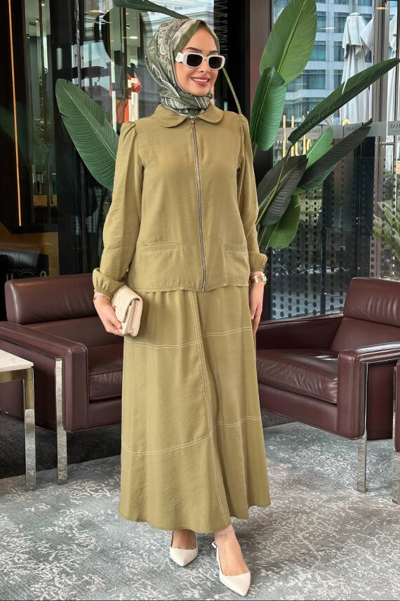 Mahza 8183 Modal Kumaş Etek Takım Yağ Yeşili - 1