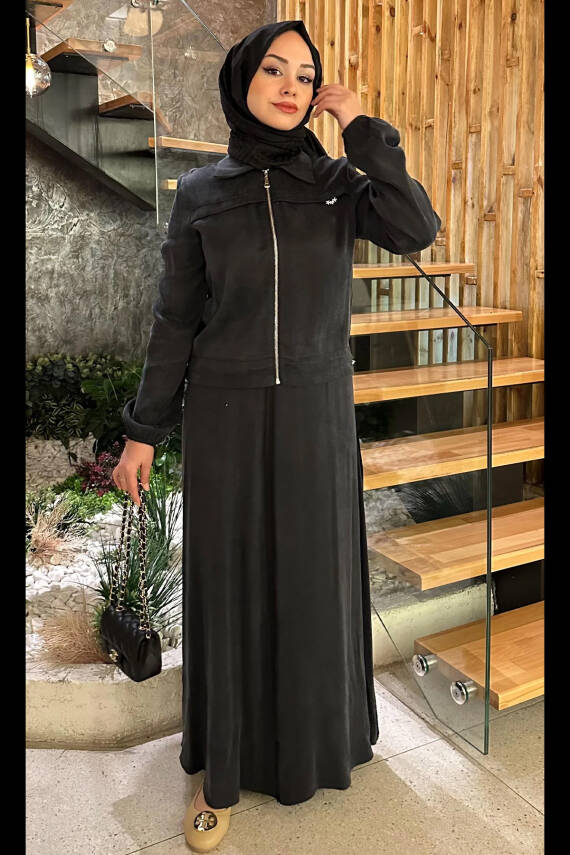 Mahza 8187 Qupra Kumaş Etek Takım Siyah - 1