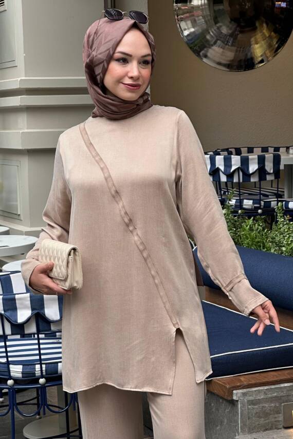 Mahza 8188 İpek Qupra Kumaş Spor Pantolon Takım Bej - 2