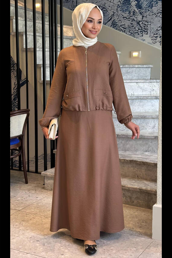 Mahza 8191 Keten Kumaş Etek Takım Kahve - 1