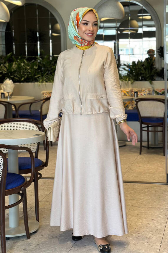 Mahza 8191 Keten Kumaş Spor Etek Takım Bej - 1