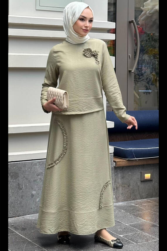 Mahza 8192 Keten Kumaş Çiçek Detaylı Etek Takım Haki - 1