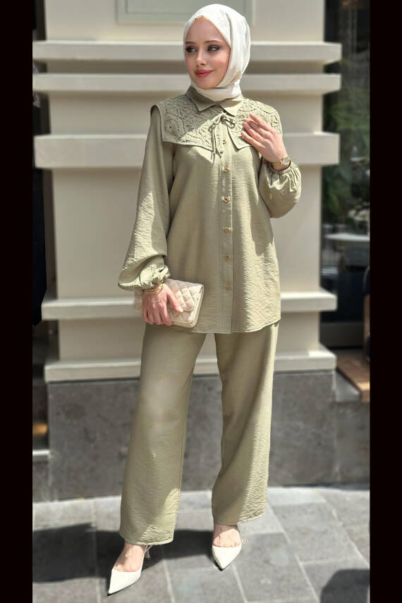Mahza 8194 Keten Kumaş Çıkarılabilir Dantel Yaka Pantolon Takım Haki - 1