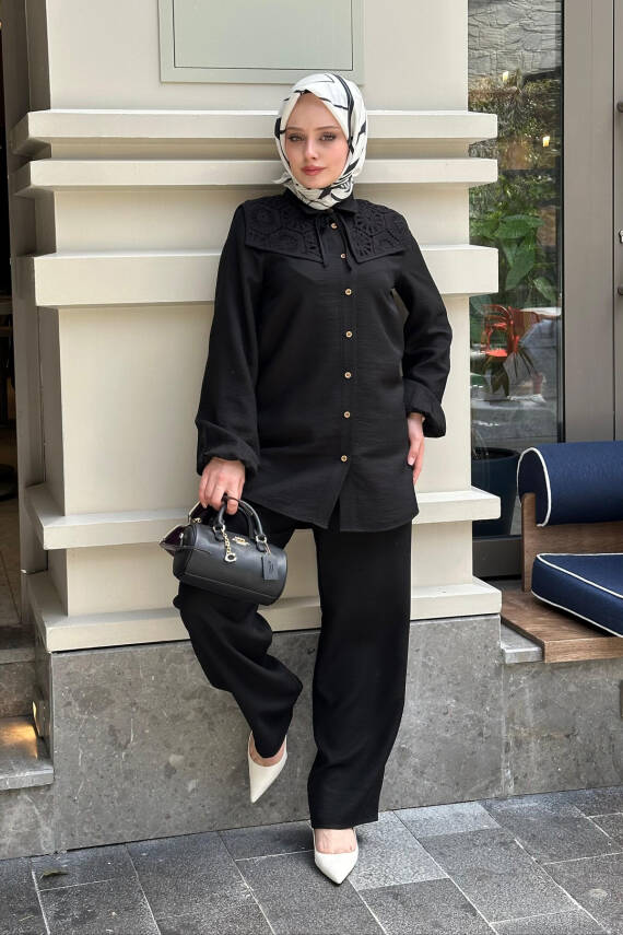 Mahza 8194 Keten Kumaş Çıkarılabilir Dantelli Yaka Pantolon Takım Siyah - 3