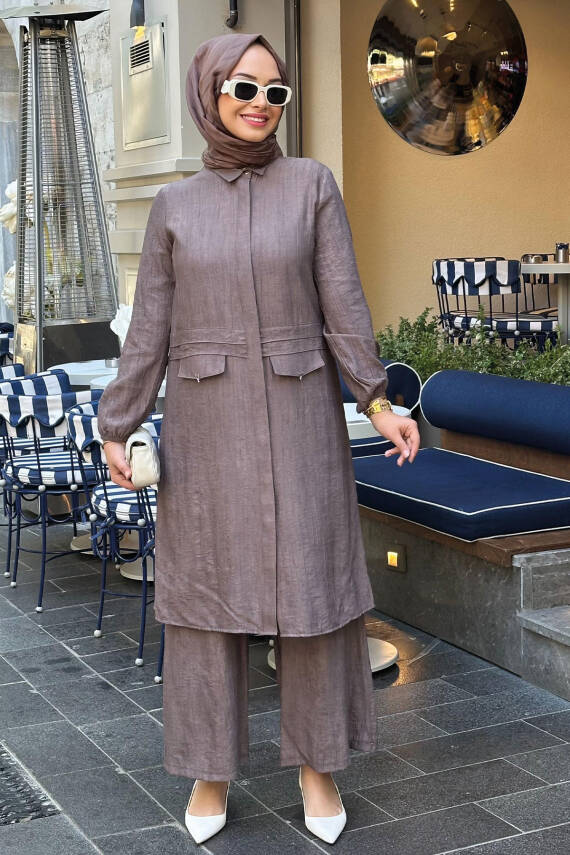 Mahza 8196 Yumuşak Keten Kumaş Tesettür Pantolon Takım Kahverengi - 1
