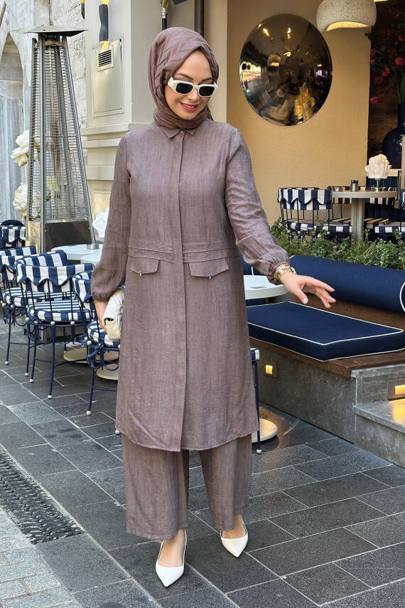 Mahza 8196 Yumuşak Keten Kumaş Tesettür Pantolon Takım Kahverengi - 2