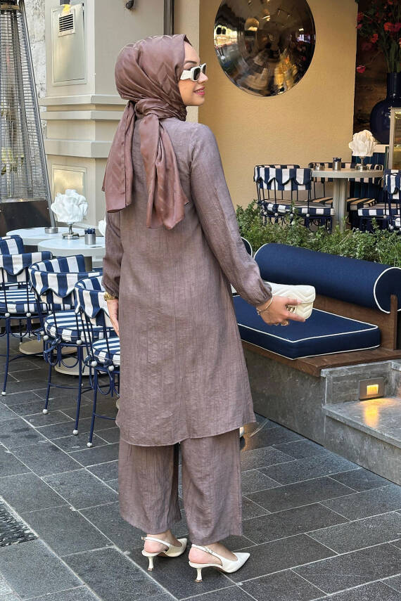 Mahza 8196 Yumuşak Keten Kumaş Tesettür Pantolon Takım Kahverengi - 3