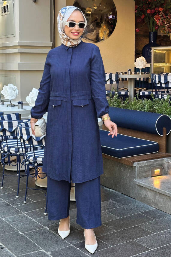 Mahza 8196 Yumuşak Keten Kumaş Tesettür Pantolon Takım Lacivert - 1