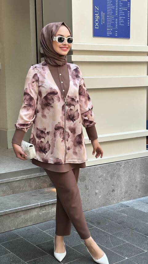 Mahza 8198 İpek Saten Ceket Pantolon Takım Kahve - 1